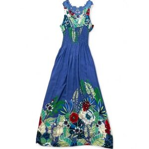 ACE Fashion Blue floral maxi dress lace trim sleeveless smocked waist Size XL